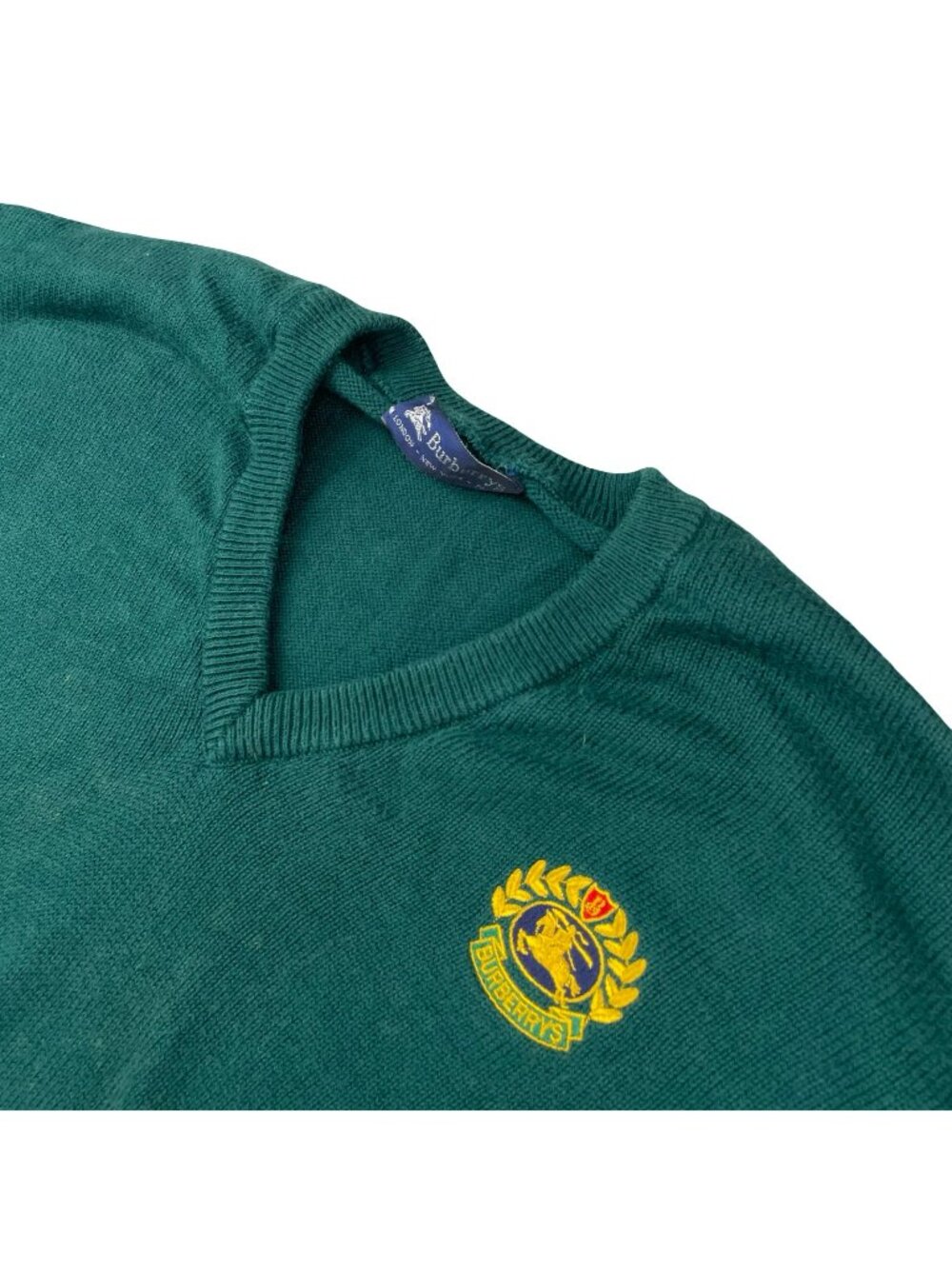 VTG Burberry Men's 100% Cotton Crest Embroidered V-Neck Sweater Green • Medium
